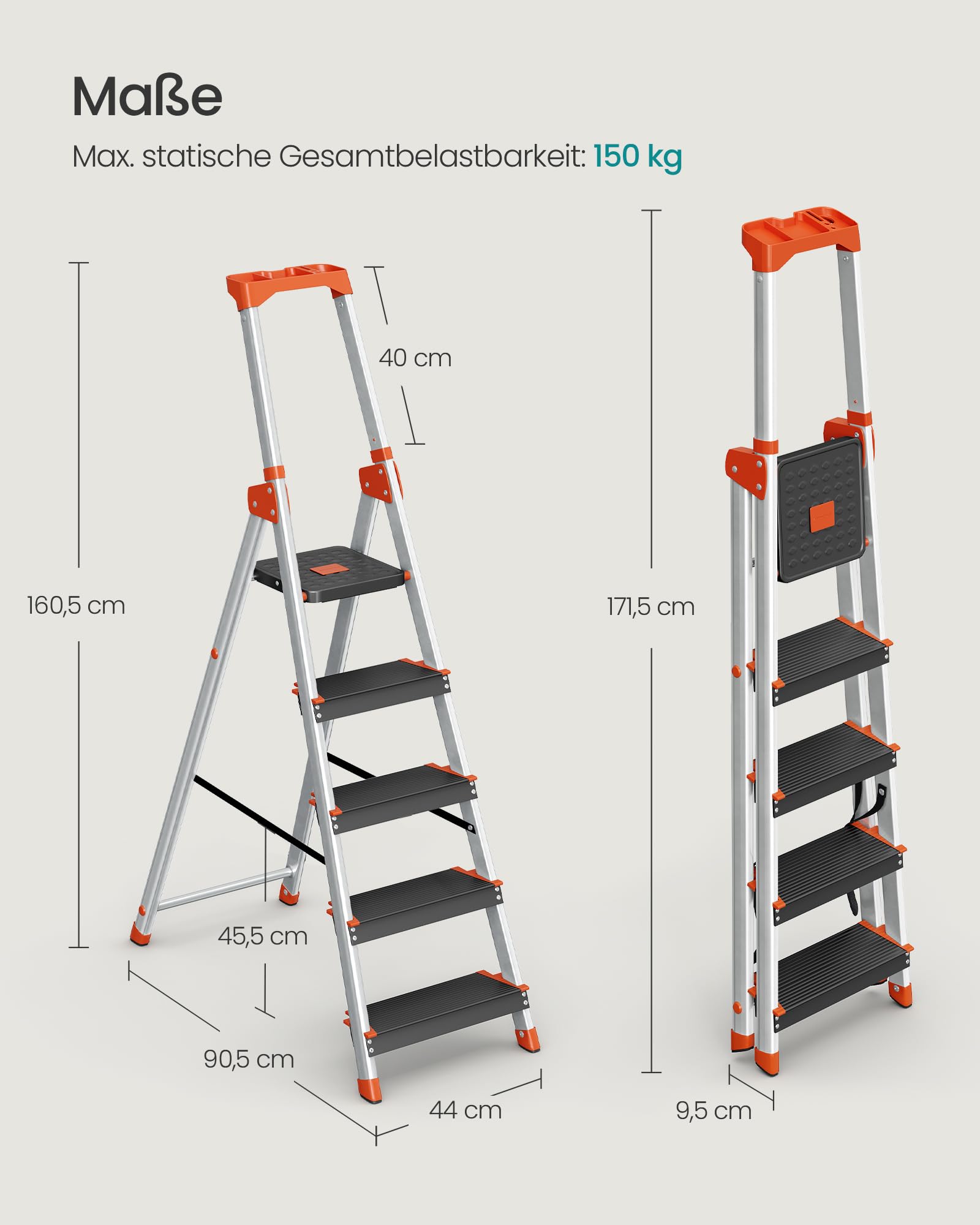 songmics-leiter-5-stufen-glt05bk-alu-schwarz-orange-150-kg image 3