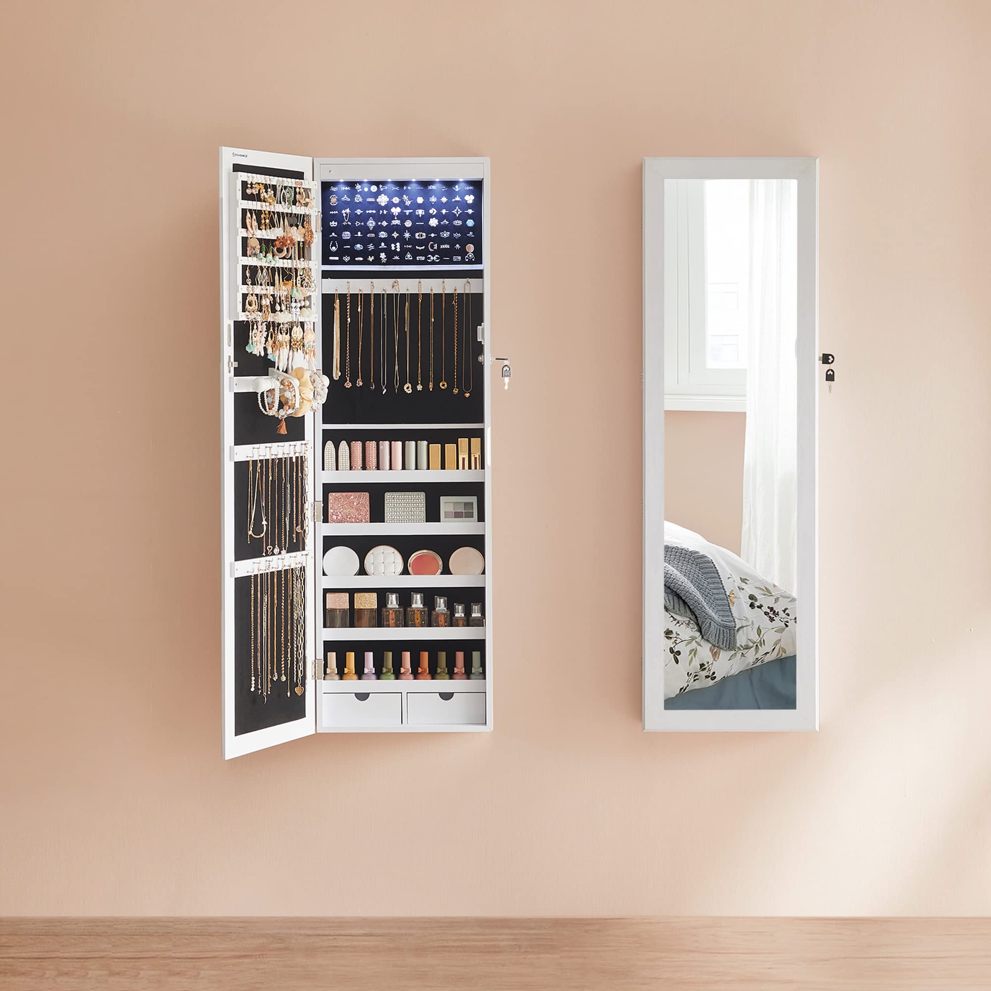 songmics-schmuckschrank-h-ngend-mit-spiegel-6-led-wei-holzmaserung image 3