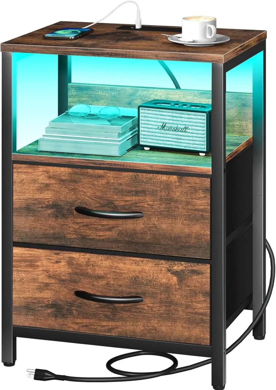 songmics-nachttisch-vintagebraun-schwarz-mit-steckdose-und-led-2-schubladen image 1
