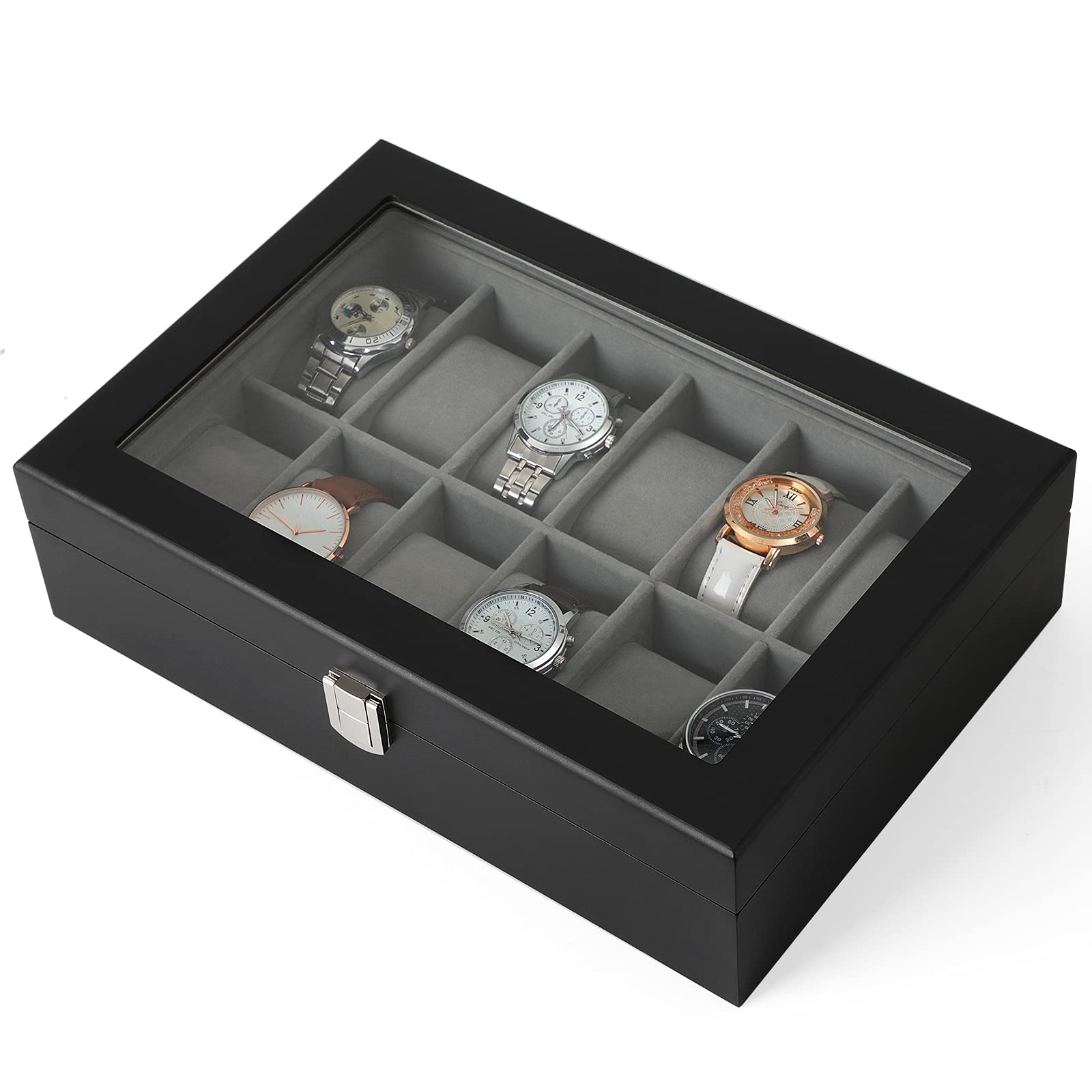 songmics-uhrenbox-12-f-cher-holz-schwarz-mit-glasdeckel-jow12bk image 3