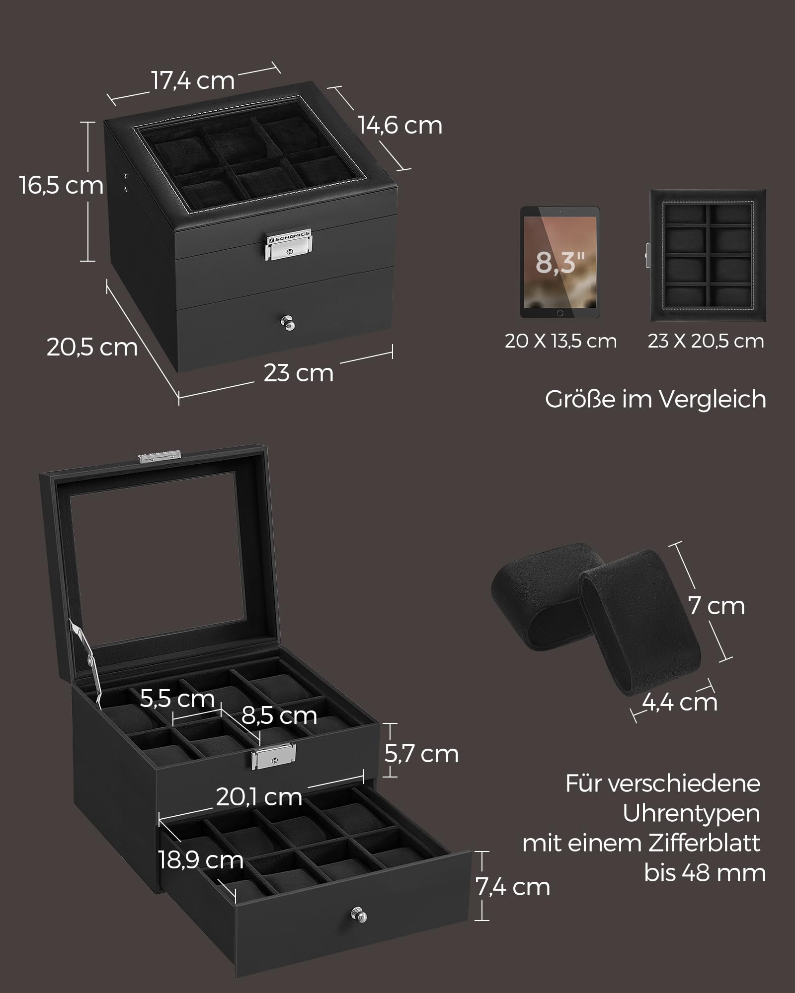 songmics-uhrenbox-2-ebenen-16-f-cher-glasdeckel-schwarz-jwb016b01 image 6
