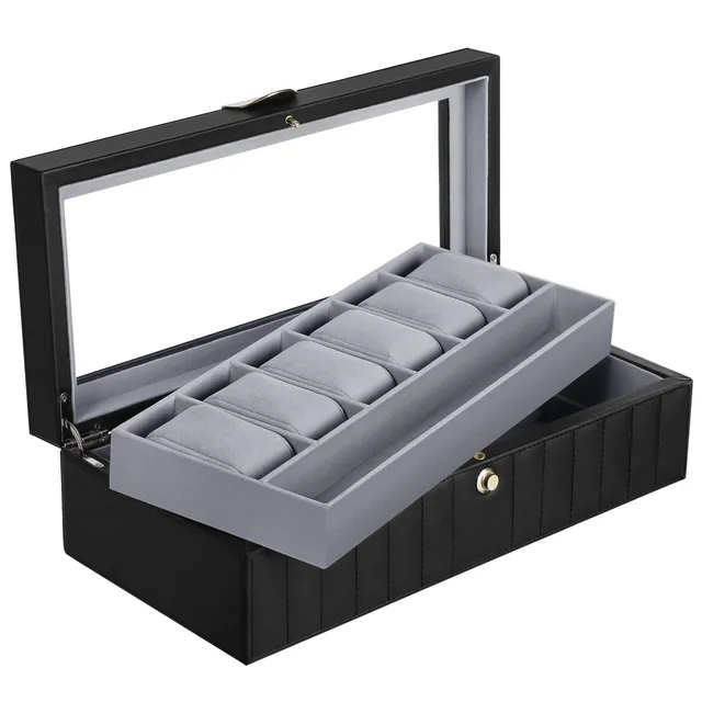 songmics-uhrenbox-jwb022bk-f-r-6-uhren-2-ebenen-glasdeckel-schwarz image 1