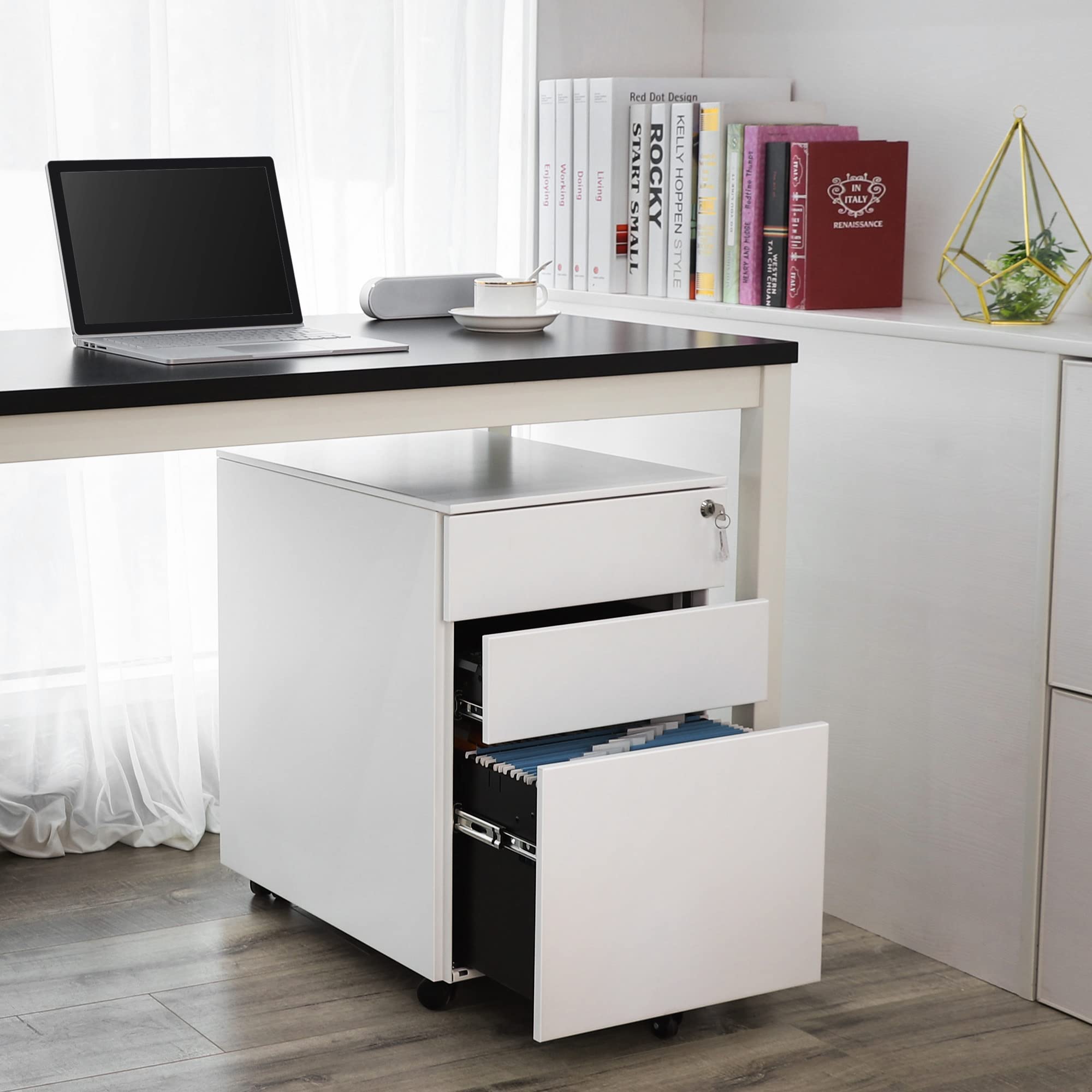 songmics-ofc60wt-rollcontainer-3-schubladen-wei-52x39x60-cm-abschlie-bar image 2