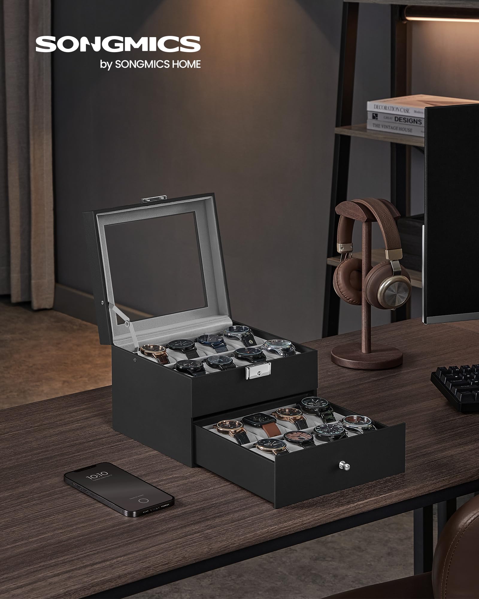 songmics-uhrenbox-jwb016g01-f-r-16-uhren-2-ebenen-glasdeckel-schwarz image 2