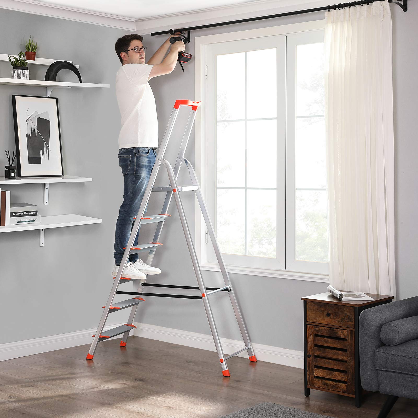 songmics-trittleiter-6-stufen-glt006wt01-aluleiter-186-cm-bis-150-kg-grau-orange image 2