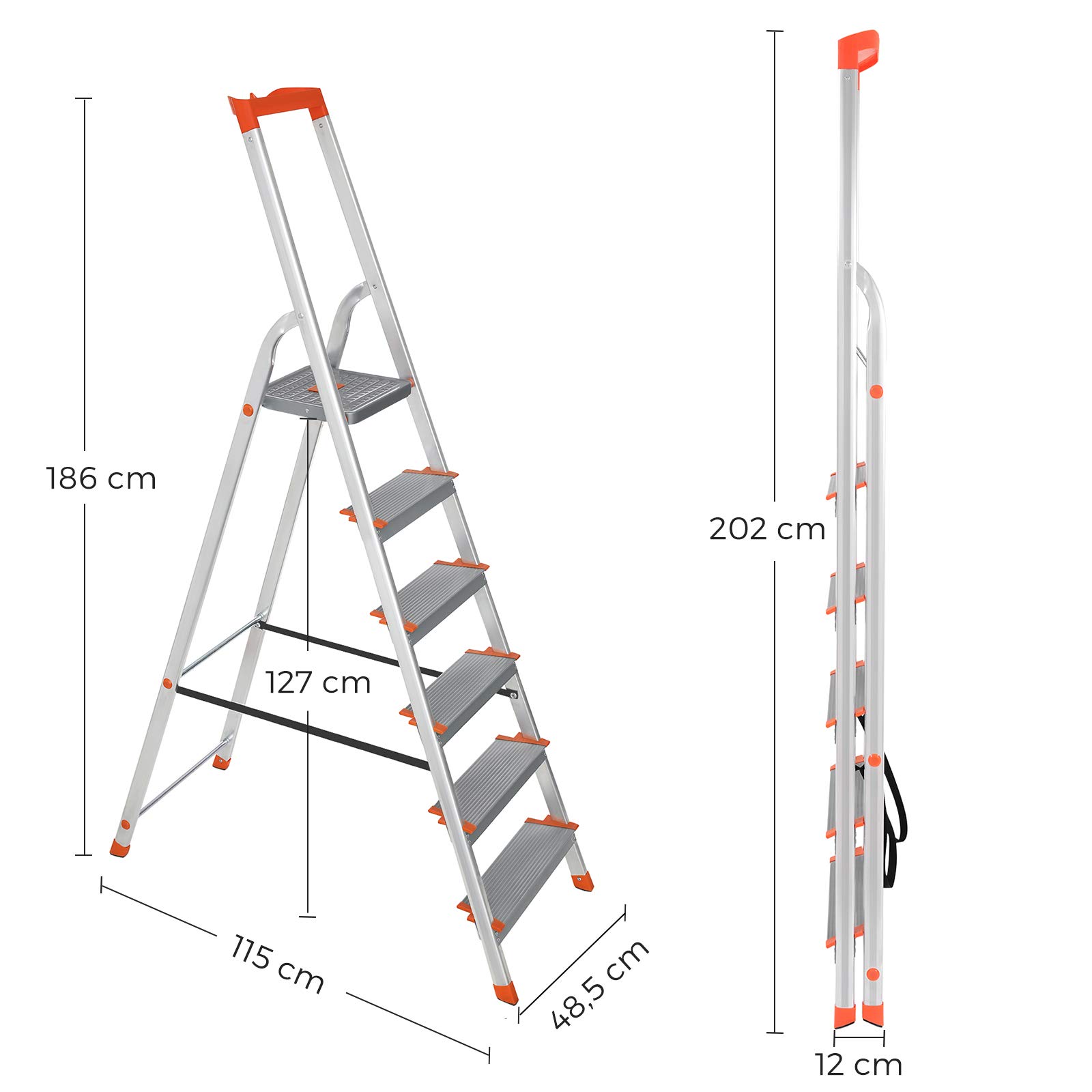 songmics-trittleiter-6-stufen-glt006wt01-aluleiter-186-cm-bis-150-kg-grau-orange image 7