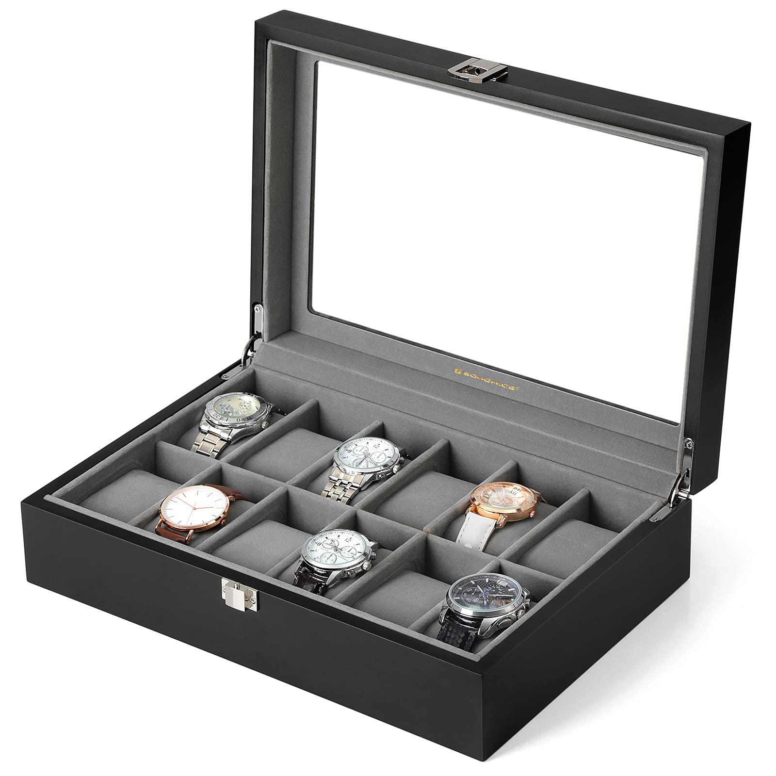 songmics-uhrenbox-12-f-cher-holz-schwarz-mit-glasdeckel-jow12bk image 8