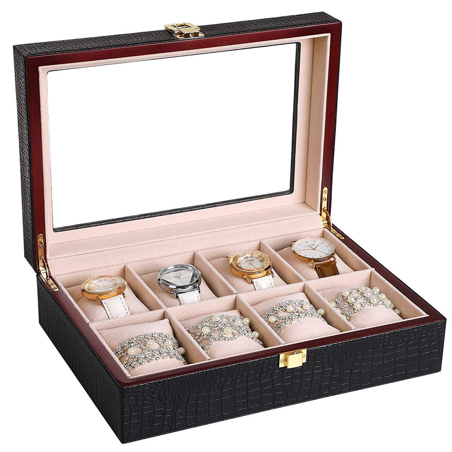 songmics-uhrenbox-8-f-cher-glasdeckel-schwarz-creme-jwb08b image 2
