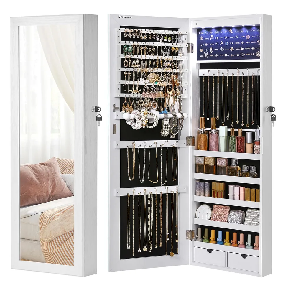 songmics-schmuckschrank-h-ngend-mit-spiegel-6-led-wei-holzmaserung image 1