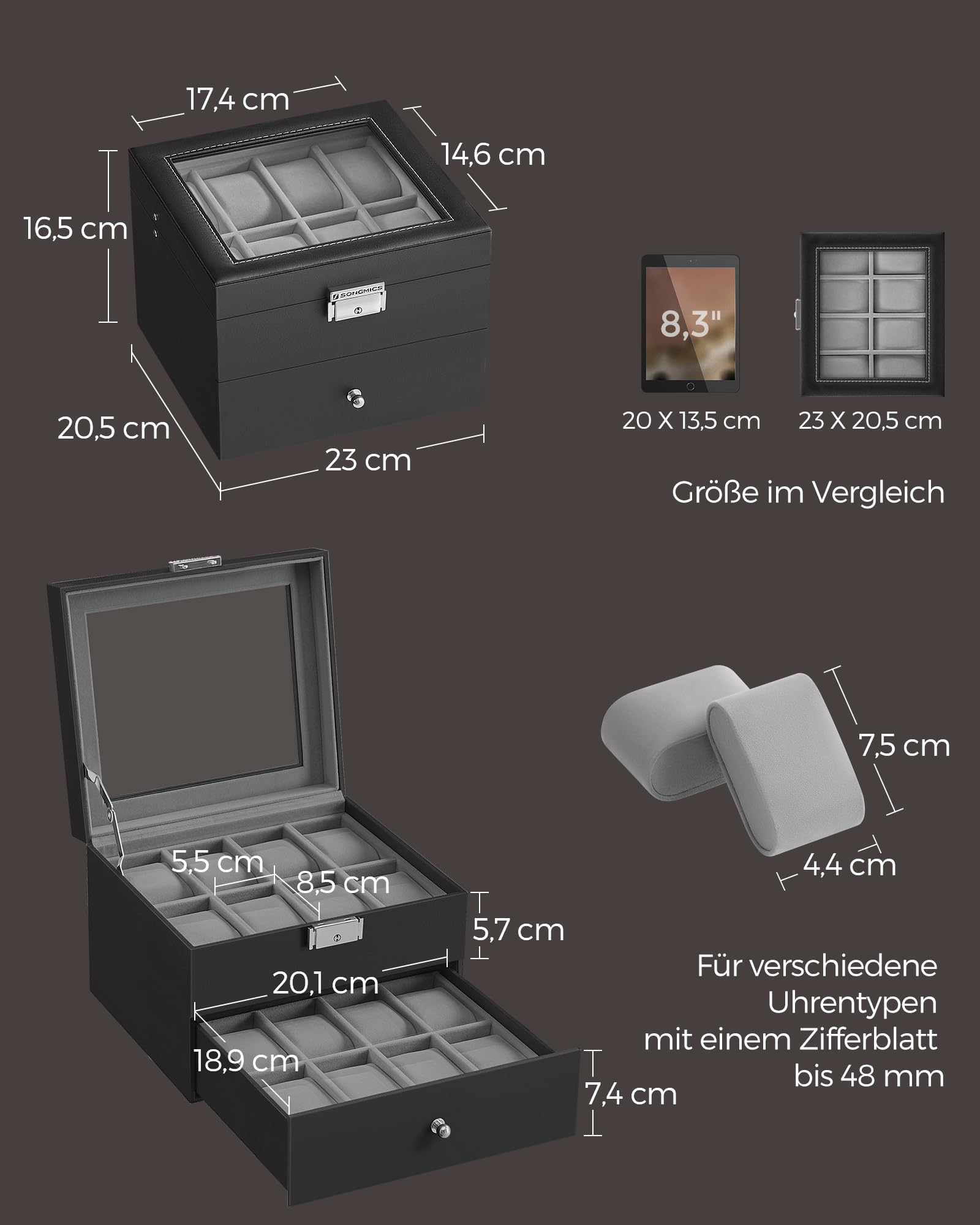 songmics-uhrenbox-jwb016g01-f-r-16-uhren-2-ebenen-glasdeckel-schwarz image 6