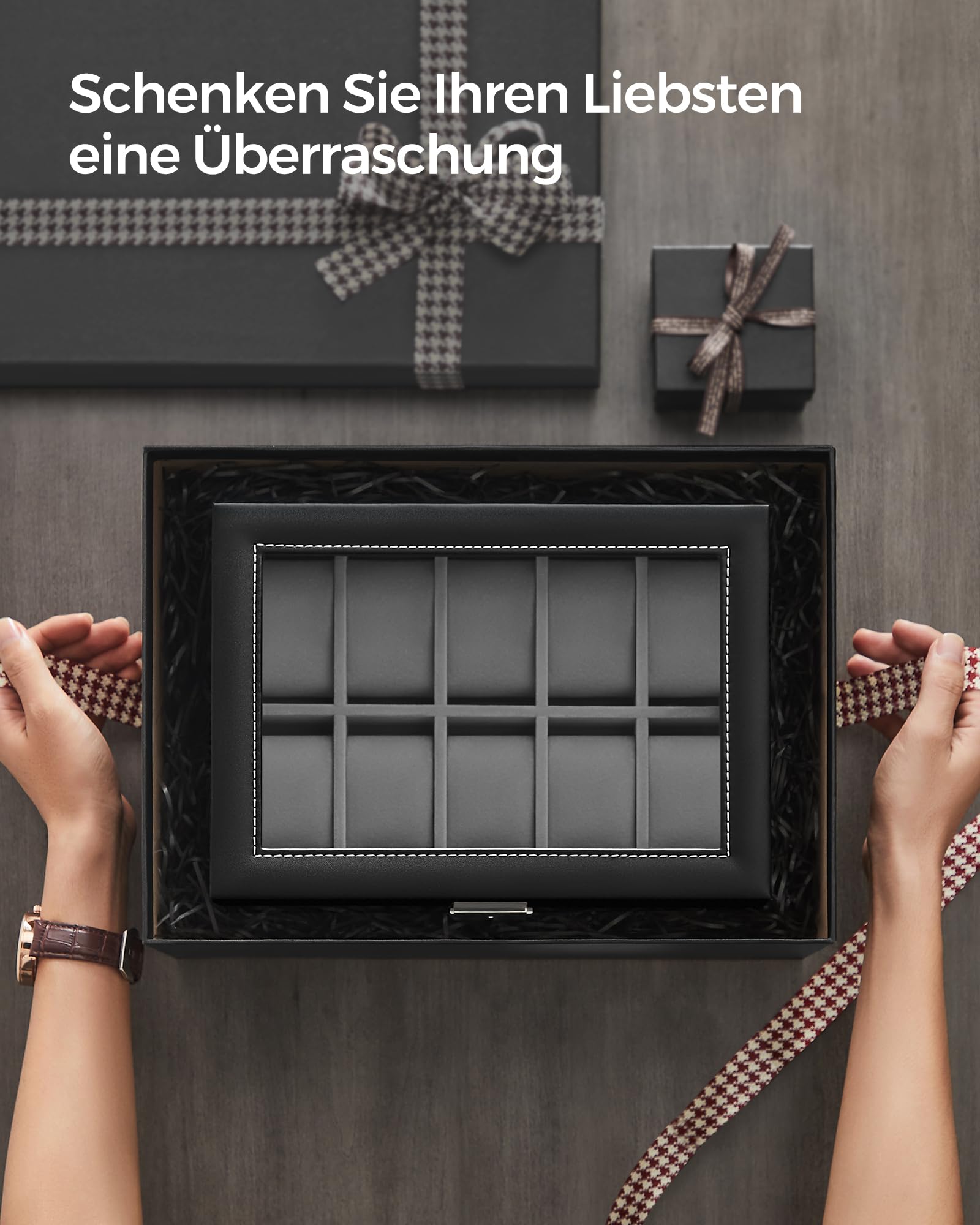 songmics-uhrenbox-jwb020-uhrenkasten-20-f-cher-2-ebenen-schwarz-grau-glasdeckel image 7