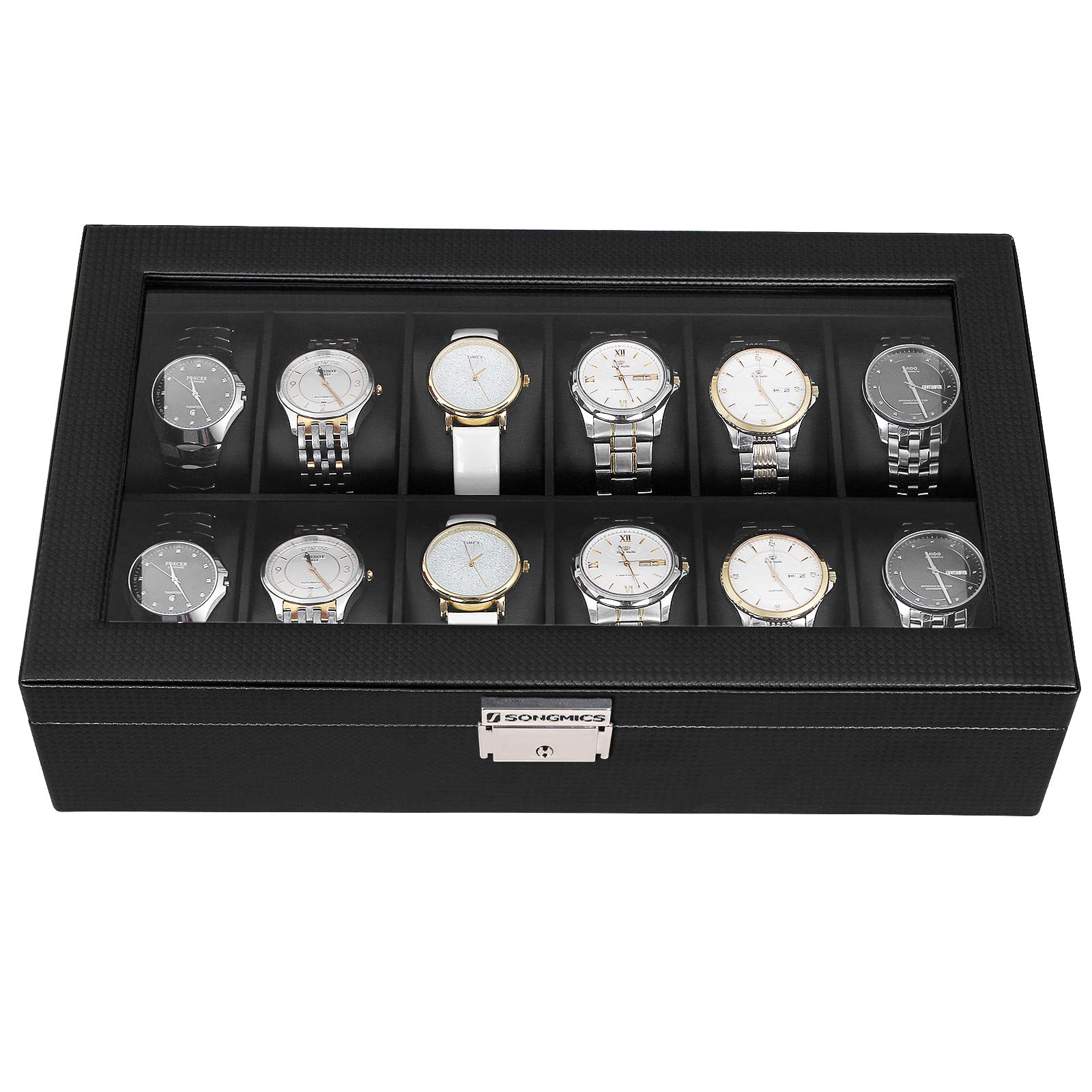 songmics-uhrenbox-12-f-cher-glasdeckel-schwarz-36-2-x-9-x-21-3-cm-jwb302h image 3