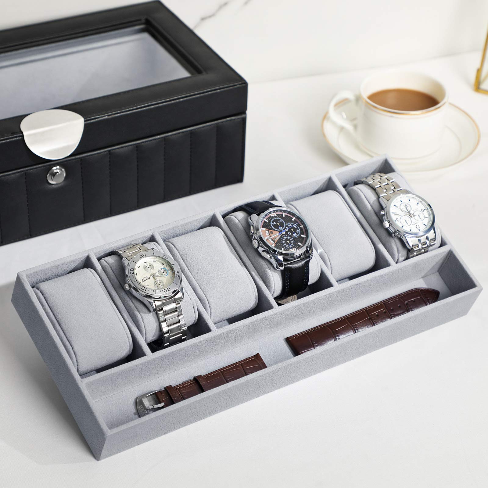 songmics-uhrenbox-jwb022bk-f-r-6-uhren-2-ebenen-glasdeckel-schwarz image 3