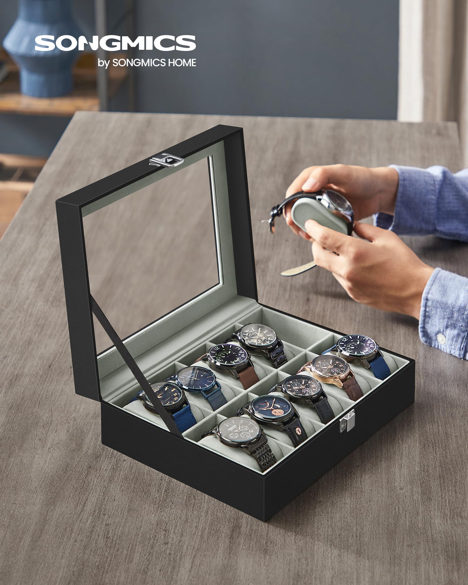 songmics-uhrenbox-mit-10-f-chern-jwb010bk-uhrenkasten-schwarz-aus-pu-mit-glasdec image 2