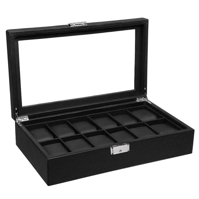 songmics-uhrenbox-12-f-cher-glasdeckel-schwarz-36-2-x-9-x-21-3-cm-jwb302h image 1