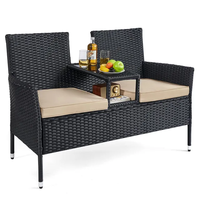 songmics-ggf022b02-balkonsofa-gartenbank-mit-tisch-pe-rattan-schwarz-taupe image 1