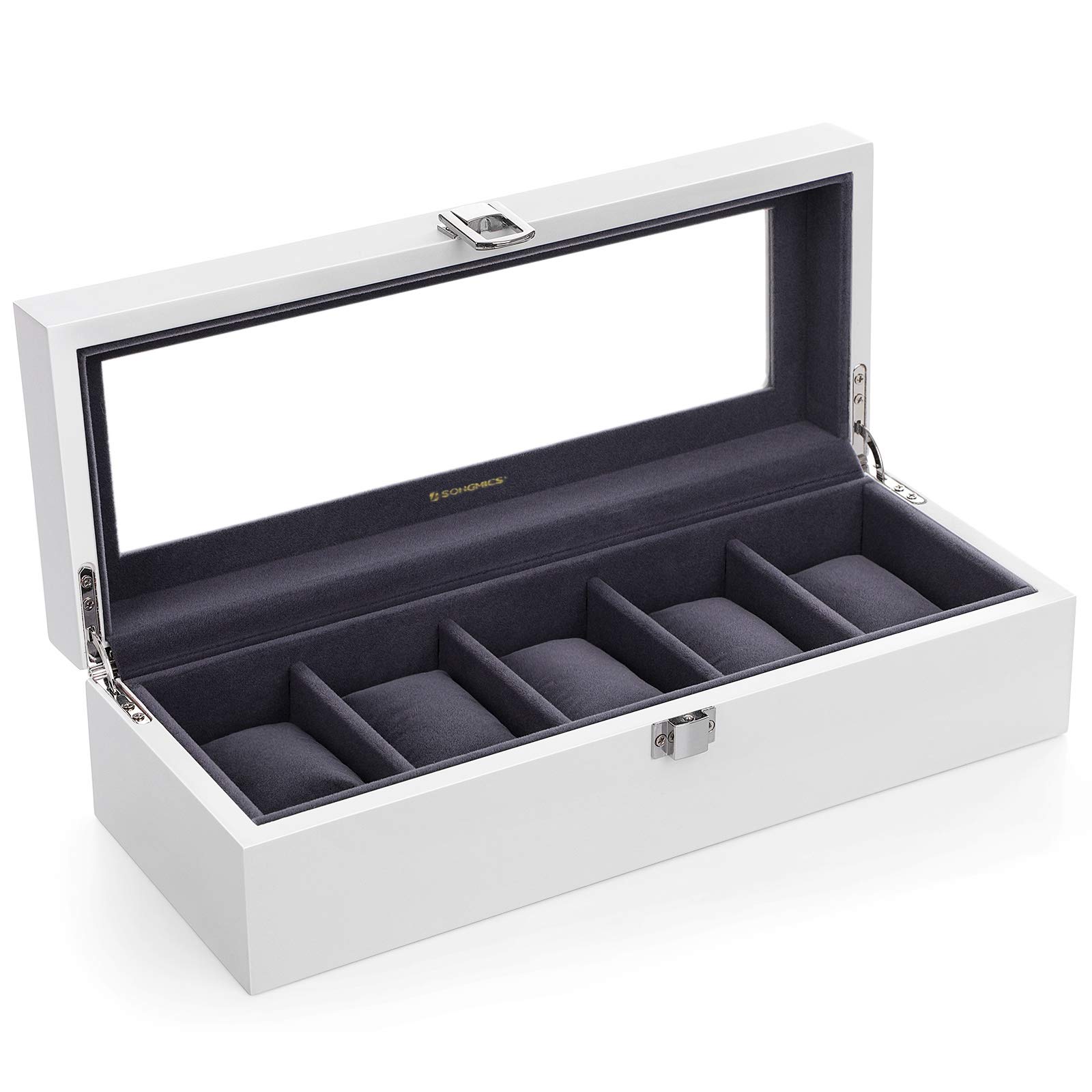 songmics-jow05wt-uhrenbox-holz-5-f-cher-wei-mit-glasdeckel image 1
