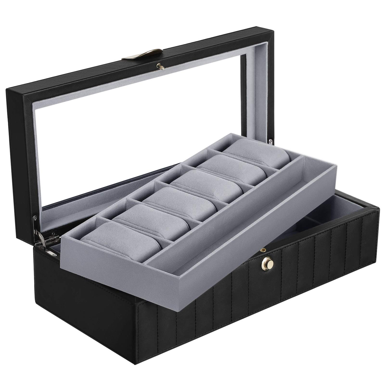 songmics-uhrenbox-jwb022bk-f-r-6-uhren-2-ebenen-glasdeckel-schwarz image 1