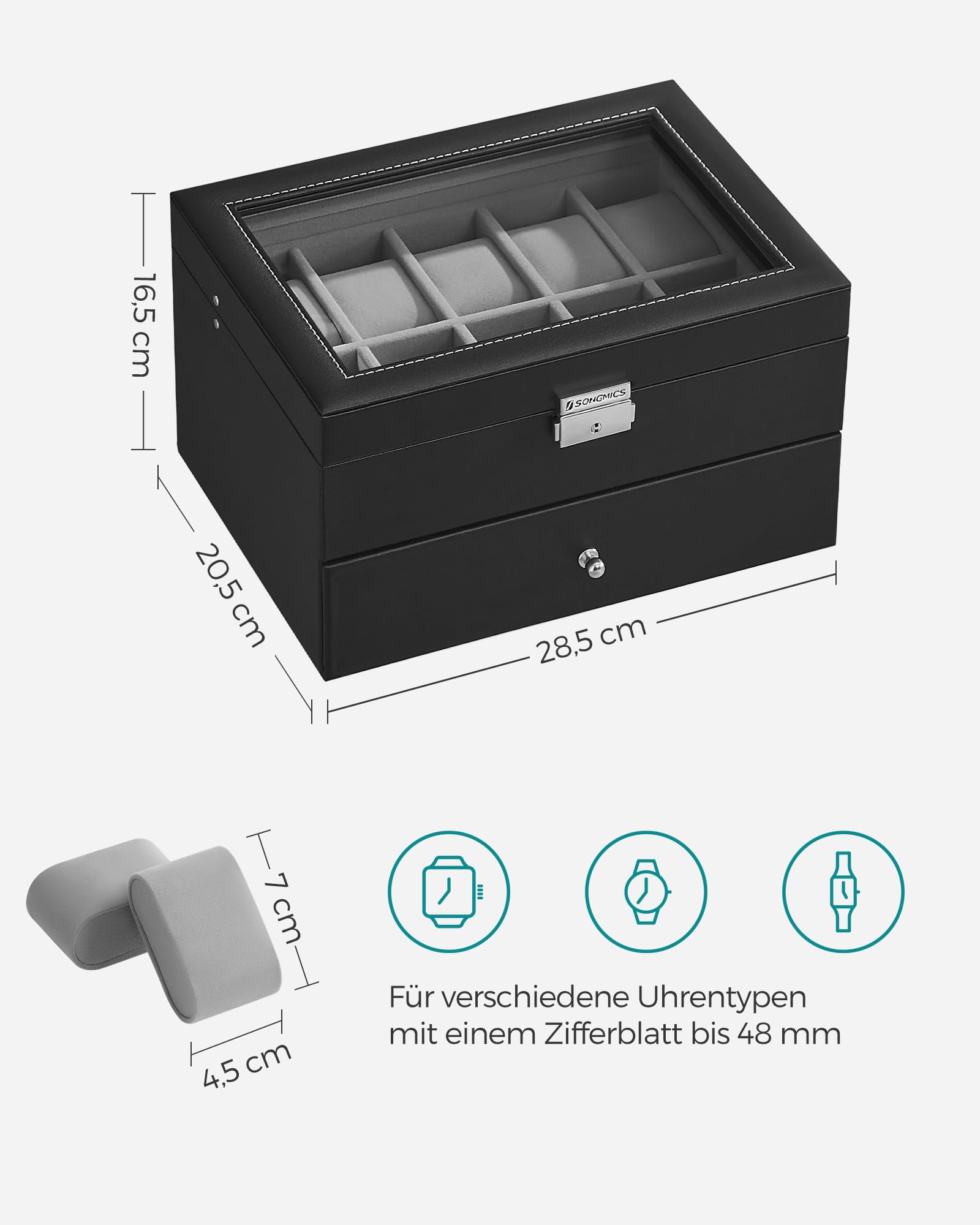songmics-uhrenbox-jwb020-uhrenkasten-20-f-cher-2-ebenen-schwarz-grau-glasdeckel image 6