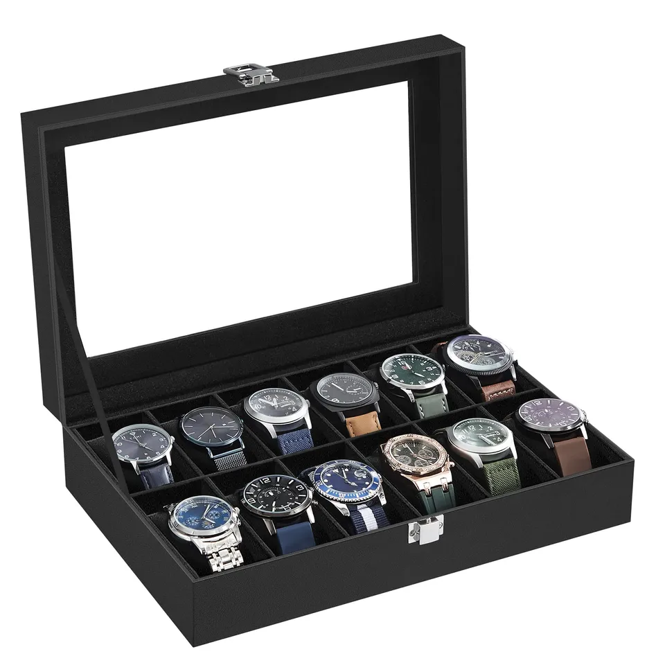 songmics-uhrenbox-12-f-cher-uhrenkasten-mit-glasdeckel-schwarz-jwb12b image 1