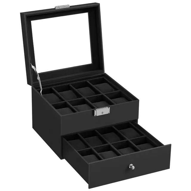 songmics-uhrenbox-2-ebenen-16-f-cher-glasdeckel-schwarz-jwb016b01 image 1
