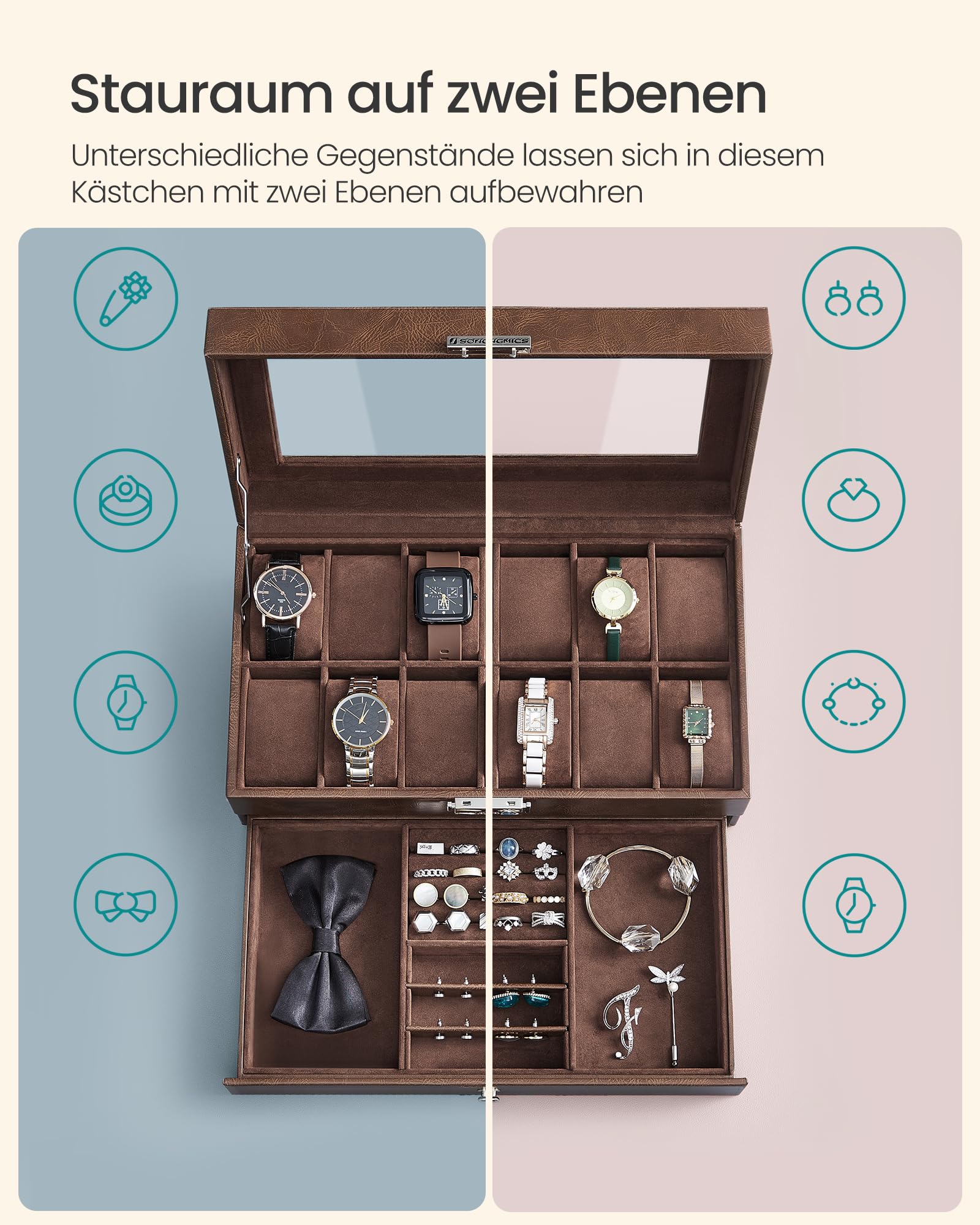 songmics-uhrenbox-jwb012k01-f-r-12-uhren-2-ebenen-mit-glasdeckel-braun image 4