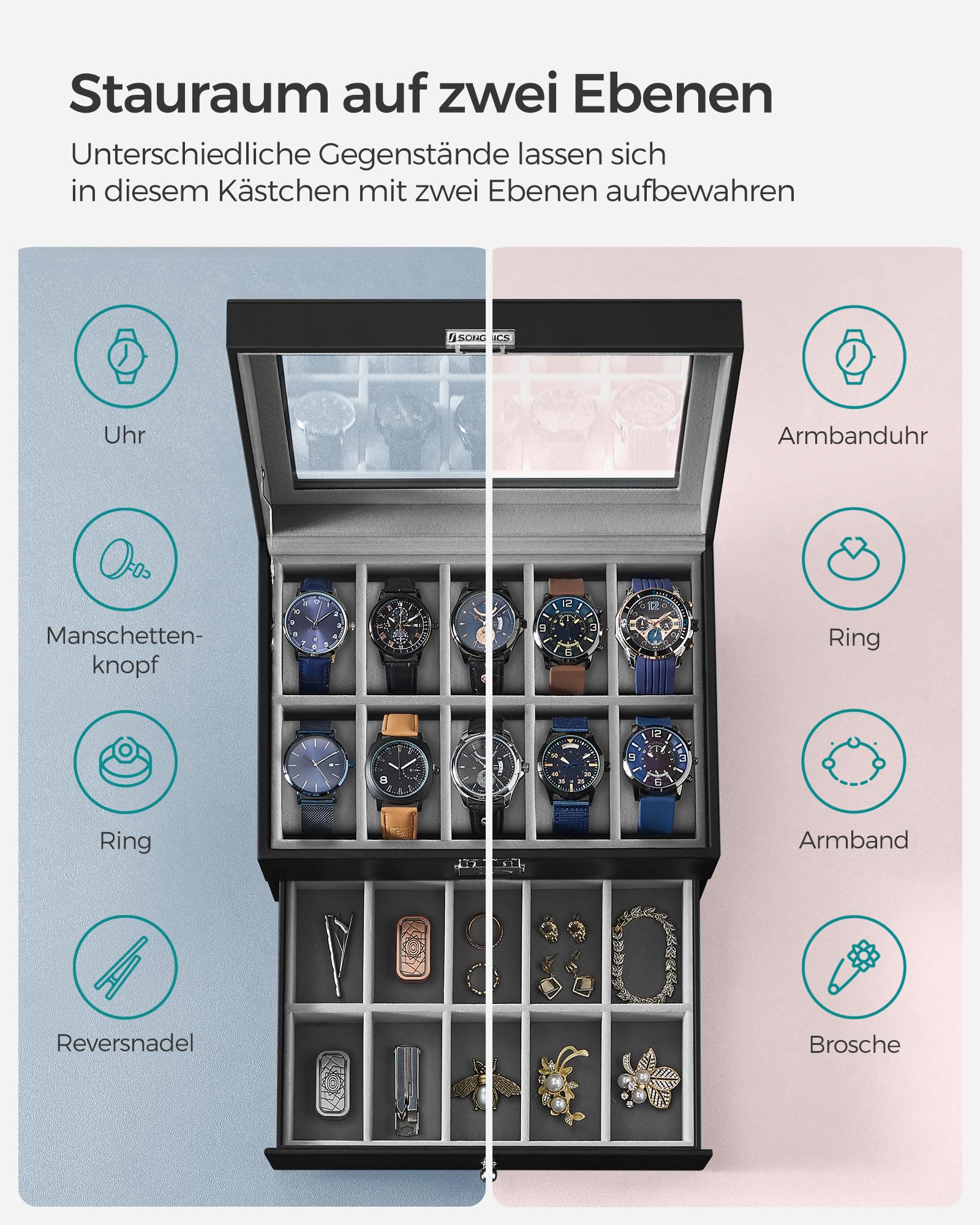 songmics-uhrenbox-jwb020-uhrenkasten-20-f-cher-2-ebenen-schwarz-grau-glasdeckel image 3